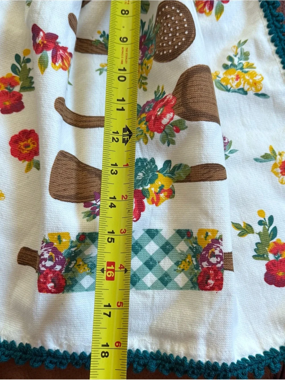 Pioneer Woman Handmade Crochet Hanging Kitchen Towel Teal Floral Utensils